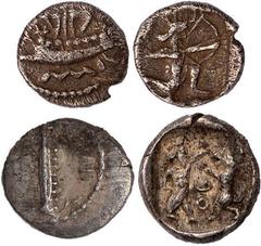 Ancient Coins Phoenicia, Sidon, 1/16th shekels (2): uncertain king, c. mid-5th c. BC, Phoenician galley with oarsmen and sails sailing l., waves underneath, rev. king in kneeling-running stance r., le