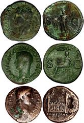Ancient Coins Caligula, as, Rome, AD 37-38, C CAESAR AVG GERMANICVS PON M TR POT, bare head l., rev. Vesta seated l. on ornamented throne, holding patera and sceptre, VESTA above, S-C across fields, w