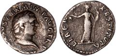 Ancient Coins Vitellius, denarius, Rome, AD 69, A VITELLIVS GERM IMP AVG TR P, laureate head r., rev. LIBERTAS RESTITVTA, Libertas standing r., holding pileus and sceptre, wt. 3.03gms. (RIC I 105; BMC
