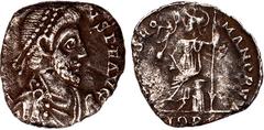 Ancient Coins Eugenius, siliqua, Treveri, AD 392-395, D N EVGENIVS P F AVG, pearl-diademed, draped and cuirassed bust r., rev. VIRTVS ROMANORVM, Roma seated l. on cuirass, holding Victory on globe and