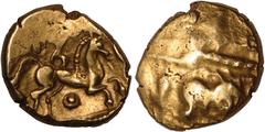 British Gold Celtic coinage, Trinovantes, early uninscribed coinage, class L, late Whaddon Chase type, gold stater, c. 45-40 BC, obv. almost plain, traces of crossed wreaths, rev. horse r., circle wit