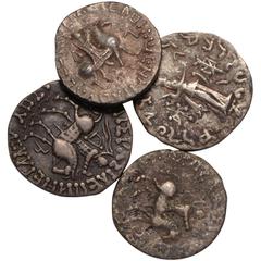 Ancient Coins Indo‑Skythians, Azes II, tetradrachms, c. 35‑12 BC (4): BAΣIΛEΩΣ BAΣIΛEΩN MEΓAΛOY AZOY, king on horseback r., holding whip aloft, Kharosthi letter before, rev. Kharosthi legend around Ze