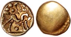BRITISH GOLD Celtic Britain, Gallo Belgic issue, Gallic Wars, Ambiani, gold stater, c.50 BC, type E, uninscribed issue, blank, rev. disjointed horse r., ornaments above, wt. 6.14gms (S.11; ABC 16; VA 