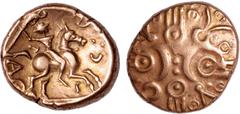 BRITISH GOLD Celtic Britain, Catuvellauni, Tasciovanus, gold stater, 25 BC – 10 AD, two crescents back-to-back amidst wreaths and pellets, rev. horseman r., brandishing carnyx, wt. 5.53gms (S.217; ABC
