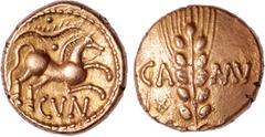 BRITISH GOLD Celtic Britain, Catuvellauni, Cunobelin, gold stater, 10-43 AD, wild type, ear of wheat between CAMV, small X in field to l., rev. horse to r., branch above pellets above and below, CVN b