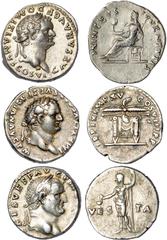 ANCIENT COINS Roman Empire, Vespasian (69-79 AD), denarius, IMP CAES VESP AVG P M COS IIII, laur. head r., rev. VESTA, either side of Vesta standing l., holding simpulum and sceptre, wt. 3.45gms. (RIC