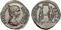 ANCIENT COINS Roman Empire, Plautilla (202-205 AD), denarius, PLAVTILLA AVGVSTA, dr. bust r., rev. CONCORDIA FELIX, Plautilla stg. r., clasping hands with Caracalla, wt. 3.46gms. (RIC 365, RSC 12), ex