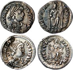 ANCIENT COINS Roman Empire, Theodosius I (379-395 AD), siliqua, DN THEODOSIVS PF AVG, pearl diad., dr., and cuir. bust r., rev. VIRTVS ROMANORVM, Roma enthroned facing, head l., l. leg bare, holding g