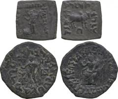 † Ancient Coins. Indo-Scythian , Azes II (35-12 BC), Æ tetradrachm, goddess enthroned l., rev. Hermes standing l. (cf Zeno 89026); Indo-Greek , Philoxenos (c.110-80 BC), square Æ, Tyche standing, hold