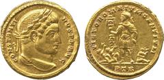 Ancient. Coins Roman Coins. Roman Empire. Constantine I (AD 307-337), solidus, Trier, laur. head r., rev. VICTOR OMNIVM GENTIVM , Constantine, in military attire, stg. l. holding standard and resting 