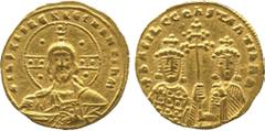 Ancient. Coins Byzantine Coins. Basil II (AD 976-1025), histamenon nomisma, bust of Christ facing, the nimbus ornamented with pellets, rev. BASIL’ C CONSTANT bR, facing busts of Basil, with short bear