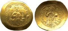 Ancient. Coins Byzantine Coins. Constantine X (AD 1059-1067), histamenon nomisma, Christ seated on throne and raising r. hand in benediction, in l. hand, book of gospels, rev. Constantine stg. facing 