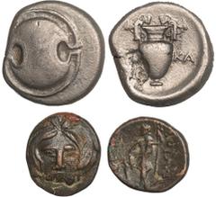 ANCIENT COINS, GREEK COINS, Boiotia , Thebes (368-364 BC), silver stater, Boeotian shield, rev . amphora divides AP KA , wt. 11.34gms. (cf. S.2398; Hepworth 14); Federal Coinage (c.220 BC), Æ 17, head