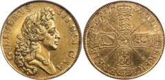 BRITISH COINS, William III , five guineas, 1701, D. TERTIO , ‘fine work’, second laur. bust r., rev. crowned cruciform shields, sceptres in angles (S.3456; Schneider 480, plain sceptres), in plastic h