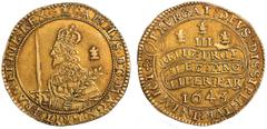 Charles I, triple unite, Oxford mint, mm. plume with bands on obverse only, 1643, crowned taller bust l., holding sword and olive branch, no scarf, rev. Declaration on continuous scroll, three plumes 