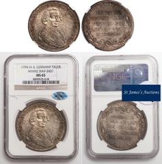 † - Germany, Mainz, Friedrich Karl Josef, thaler, 1794, IA-IL, thaler, bust three-quarters r., rev. inscription in five lines within wreath (Dav.2431), authenticated and graded by NGC as Mint State 65