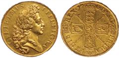 † William III, five guineas, 1701, D. TERTIO, ‘fine work’, second laur. bust r., rev. crowned cruciform shields, sceptres in angles (S.3456), certified and graded by PCGS as About Uncirculated 55, sha
