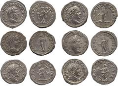 Ancient Coins, Roman Imperial. Caracalla (AD 198-217), denarii, (6), ANTONINVS PIVS AVG, youth’s laur. head r., rev. PONTIF TR P VIII COS II, Mars in military dress, stg. half l., leaning on shield an