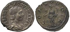 Ancient Coins, Roman Imperial. Aquilia Severa (AD 220), denarius, IVLIA AQVILIA SEVERA AVG., her draped bust r., rev. CONCORDIA, Concordia stg. half l., sacrificing out of patera over lighted altar an