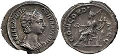 Ancient Coins, Roman Imperial. Orbiana (wife of Severus Alexander), denarius, SALL BARBIA ORBIANA AVG, her diad. dr. bust r. rev. CONCORDIA AVGG, Concordia seated l. on throne, holding patera and doub