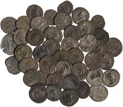 Ancient Coins, Roman Imperial. (LOT) Part of a hoard of Antoniniani, Salonina (1), Claudius II (2), Quintillus (2), Aurelian (11), Severina (2), Tacitus (9), Carus (13), Carinus (9), Numerian (10), Di
