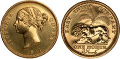 Indian Coins India, East India Company, Victoria, gold restrike proof mohur, 1841C, plain 4 in date, VICTORIA QUEEN, young head l., rev. EAST INDIA COMPANY, earlier reverse with fuller vegetation, lio