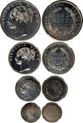 Indian Coins India, East India Company, Victoria, silver proof restrike mules, 1849 (4): rupee; half rupee; quarter rupee; two annas, VICTORIA QUEEN, young head l., rev. EAST INDIA COMPANY, value with