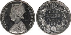 Indian Coins India, Victoria, silver restrike proof rupee, 1897C, obverse A, VICTORIA EMPRESS, crowned bust l., with V and J on jabot, rev. value, country, and date, all within border of scrolling fol