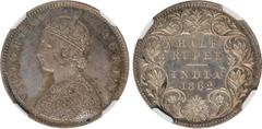 Indian Coins India, Victoria, silver proof half rupee, 1862C, VICTORIA QUEEN, crowned bust l., rev. value, country, and date, all within border of scrolling foliage, flat topped 1 in date (SW.4.120), 