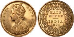 Indian Coins India, Victoria, gold restrike proof half rupee, 1899B, off-metal strike in gold, VICTORIA EMPRESS, crowned bust l., rev. value, country, and date, all within border of scrolling foliage 
