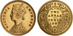 Indian Coins India, Victoria, gold restrike proof two annas, 1893C, off-metal strike in gold, VICTORIA EMPRESS, crowned bust l., rev. value, country, and date, all within border of scrolling foliage (