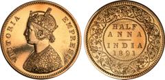Indian Coins India, Victoria, gold restrike proof half anna, 1891C, off-metal strike in gold, VICTORIA EMPRESS, crowned bust l., rev. value, country, and date, all within border of scrolling foliage (