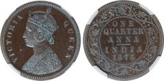 Indian Coins India, Victoria, copper original proof quarter anna, 1875C, VICTORIA QUEEN, crowned bust l., rev. value, country, and date, all within border of scrolling foliage (SW.5.50), certified and