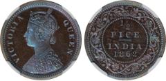 Indian Coins India, Victoria, copper original proof half pice, 1862, VICTORIA QUEEN, crowned bust l., rev. value, country, and date, all within border of scrolling foliage (SW.4.180), certified and gr