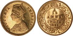 Indian Coins India, Victoria, gold early restrike proof 1/12 anna, 1893C, off-metal strike in gold, VICTORIA EMPRESS, crowned bust l., rev. value, country, and date, all within border of scrolling fol