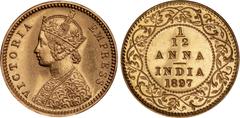 Indian Coins India, Victoria, gold restrike proof 1/12 anna, 1897C, off-metal strike in gold, VICTORIA EMPRESS, crowned bust l., rev. value, country, and date, all within border of scrolling foliage (