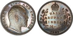 Indian Coins India, Edward VII, silver proof half rupee, 1905C, EDWARD VII KING AND EMPEROR, bare head r., rev. crowned value and country, foliage either side, date below (SW.7.57), certified and grad