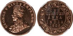 Indian Coins India, George V, bronze restrike proof quarter anna, 1926C, GEORGE V KING EMPEROR, crowned bust l., rev. value, country, and date, all within border of scrolling foliage (SW.8.360), certi