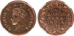 Indian Coins India, George VI, bronze restrike proof quarter anna, 1938C, GEORGE VI KING EMPEROR, crowned head l., rev. value, country, and date, all within border of scrolling foliage (SW.9.220), cer