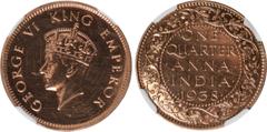 Indian Coins India, George VI, bronze restrike proof quarter anna, 1938B, GEORGE VI KING EMPEROR, crowned head l., rev. value, country, and date, all within border of scrolling foliage (SW. unlisted),