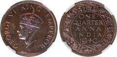 Indian Coins India, George VI, bronze original proof quarter anna, 1940C, GEORGE VI KING EMPEROR, crowned head l., rev. value, country, and date, all within border of scrolling foliage (SW.9.228), cer