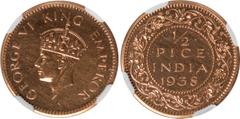 Indian Coins India, George VI, bronze restrike proof half pice, 1938C, GEORGE VI KING EMPEROR, crowned bust l., rev. value, country, and date, all within border of scrolling foliage (SW. unlisted), ce