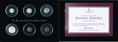 Ancient Coins The Rise and Fall of the Roman Empire, set of six coins: denarii (3): Roman Republic; Vespasian; Hadrian; Otacilia Severa (Philip I); Æs (2): Constantine I; Valentinian I, in wood case o