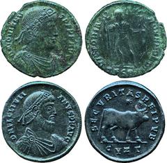 Ancient Coins. Jovian (AD 363-364), Æ 1, rev. VICTORIA ROMANOVM, Emperor stg. l., in ex. TESO (Thessalonica mint) (cf. S.4085); Julian II (AD 360-363), Æ 1 of Cyzicus, rev. SECVRITAS REIPVB, bull stg.