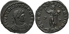 Ancient Coins Crispus (AD 317-326), AE3, Trier, FL IVL CRISPVS NOB CAES, laur. and cuir. bust r., rev. CLARITAS REIPVBLICAE, Sol, radiate, standing l., chlamys dr. over l. shoulder, holding globe and 
