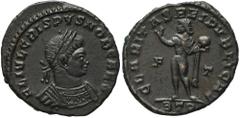 ANCIENT COINS Crispus (AD 317-326), AE3, Trier, FL IVL CRISPVS NOB CAES, laur. and cuir. bust r., rev. CLARITAS REIPVBLICAE, Sol, radiate, standing l., chlamys dr. over l. shoulder, holding globe and 