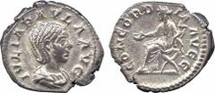 The Major Poll Collection. Ancient Coins. Julia Paula (wife of Elagabalus), denarius, IVLIA PAVLA AVG, dr. bust r., rev. CONCORDIA AVGG, Concord seated l. holding patera and double cornucopiae (RIC.21