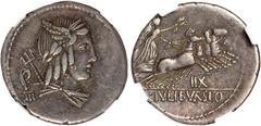 ANCIENT COINS Roman Republic, L. Julius Bursio, denarius, c. 85 BC, dr. bust of young male deity r., combining the attributes of Apollo, Mercury and Neptune, rev. Victory in quadriga, in ex. IIX / L I