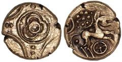 CELTIC. Britain. Iceni. Uninscribed, Ca. 65-1 B.C. AV Stater. Late Freckenham type. Ca. 45-40 B.C. Trefoil on cross design with pellets on arms. Rv. Celticized horse right; above, wheel of pellets; be