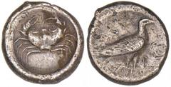 SICILY. Akragas. Ca. 495-482 B.C. AR Didrachm. Very Fine. AR Didrachm. Eagle, wings folded, standing right. Rv. Crab. 8.70 grams. Jenkins grp. III, pl. 37, 9 (same obv. die). SNG ANS 933 (same dies). 